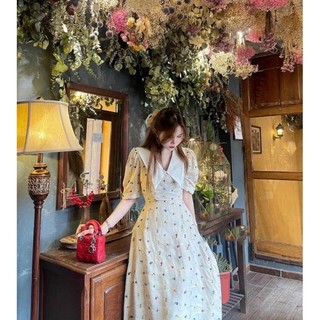 Đầm hoa midi cổ nhọn phối màu