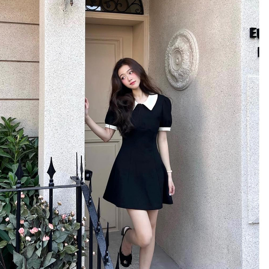 Váy dáng ngắn cổ Sen chiết eo siêu hack dáng