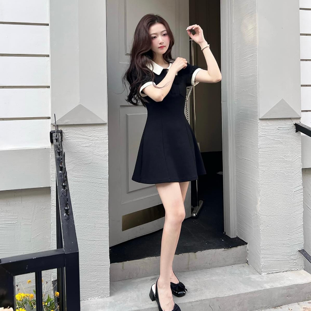 Váy dáng ngắn cổ Sen chiết eo siêu hack dáng