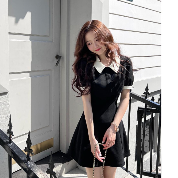 Váy dáng ngắn cổ Sen chiết eo siêu hack dáng