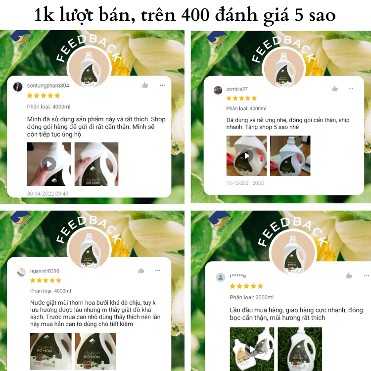 Nước Giặt Hữu Cơ Sinh Học ECOCARE 4000ml Bồ Hòn Kết Hợp Tinh Dầu Hoa Bưởi, Hoa Nhài, An Toàn Cho Trẻ Sơ Sinh