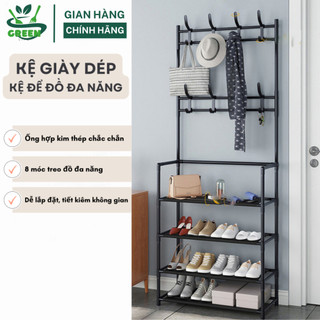 Kệ để giày dép chữ L 2 màu, thiết kế treo đồ đa năng lắp ghép 4 tầng tặng kèm 8 móc treo, chất liệu thép chịu lực tốt
