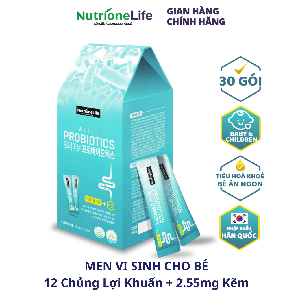 Men Vi Sinh Cho Bé Alive Probiotics - Bổ Sung 12 Chủng Lợi Khuẩn Và Kẽm, Bảo Vệ Hệ Tiêu Hoá,Cải Thiện Biếng Ăn 2gx30 Gói