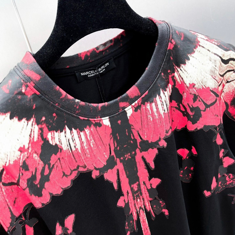 Áo phông nam nữ cổ tròn cotton Burlon in hoạ tiết đôi cánh nhánh hoa tim đỏ Sấm Sét cam tràn bo cổ #Hot #2023