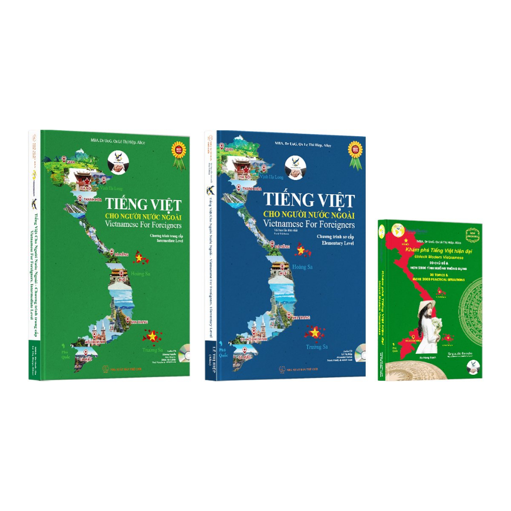 Sách Bộ Tiếng Việt cho người nước ngoài 2 cấp độ Sơ cấp tái bản -Trung cấp (Kèm CD) và Khám phá tiếng Việt hiện đại