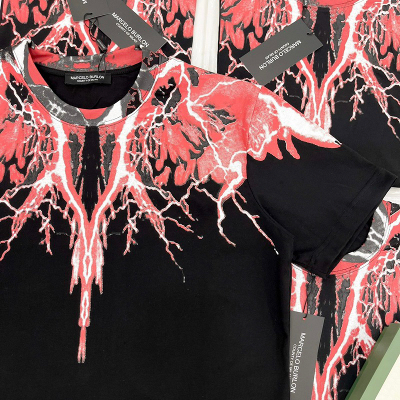 Áo phông nam nữ cổ tròn cotton Burlon in hoạ tiết đôi cánh nhánh hoa tim đỏ Sấm Sét cam tràn bo cổ #Hot #2023