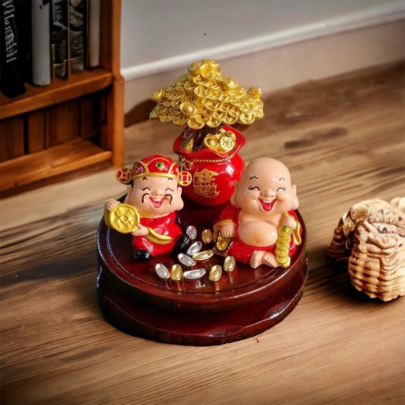 Mô hình bàn thờ tượng ông địa thần tài cây kim tiền vàng phong thủy mini đồ trang trí để bàn làm việc văn phòng