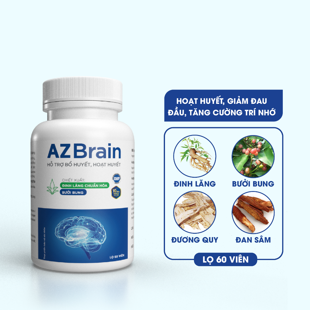 AZBR60 - Viên uống bổ não AZBrain hoạt huyết, hết chóng mặt đau đầu