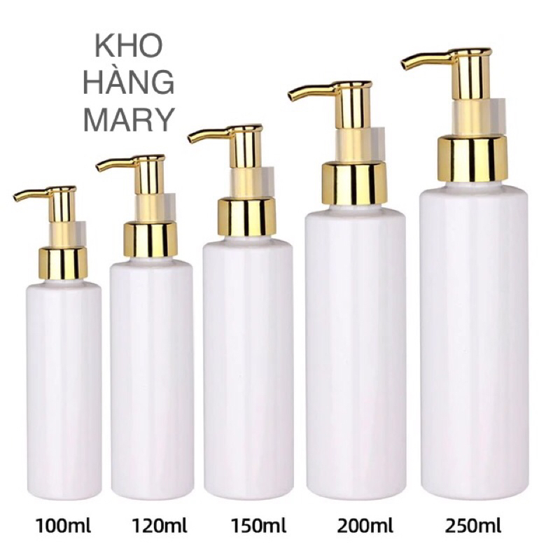 Chai Trắng vòi Nhấn Vàng Cao Cấp Chiết mĩ phẩm - Chai nhựa Pet Trong 100ml / 200ml / 250ml / 300ml đựng Sữa tắm ,dầu gội