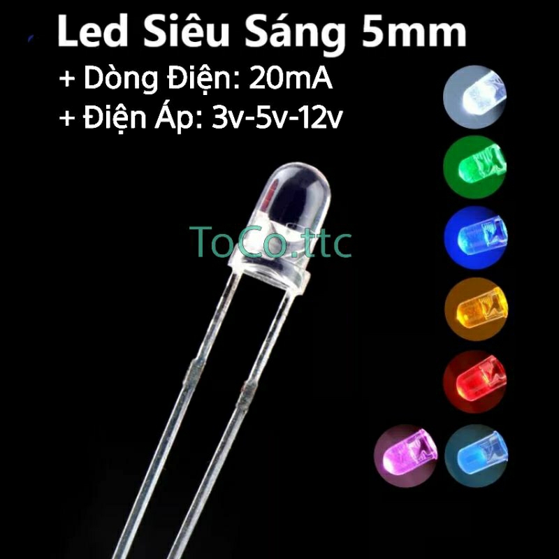 Set 10 đèn led 5mm siêu sáng, công suất 3v - 5v - 12v