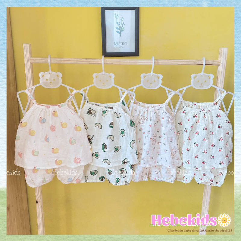Bộ 2 dây bé gái xô muslin, đồ bộ 2 dây bé gái thiết kế Hebekids từ 7-15kg