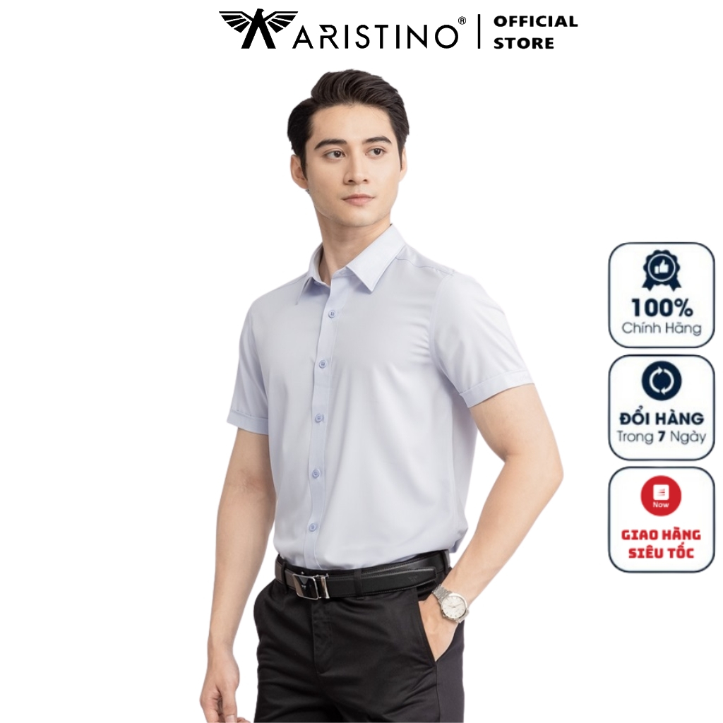 Áo sơ mi nam ngắn tay ARISTINO ASSR37 somi công sở cao cấp màu xám solid vải sợi tre dáng slim fit tà lượn không túi