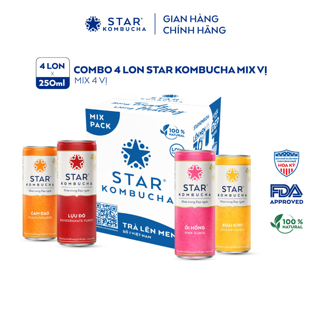 Combo 4 lon trà STAR KOMBUCHA mix vị (250ml/lon) - Trà lên men kombucha chứa probiotics bảo vệ sức khoẻ