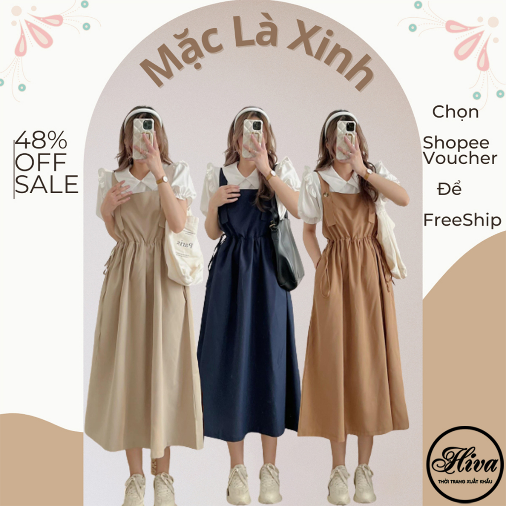 VÁY ĐẦM YẾM ULZZANG 2 DAY + ÁO SƠ MI VOAN NGẮN TAY PHỒNG KIỂU DÁNG DÀI SET DỒ NỮ