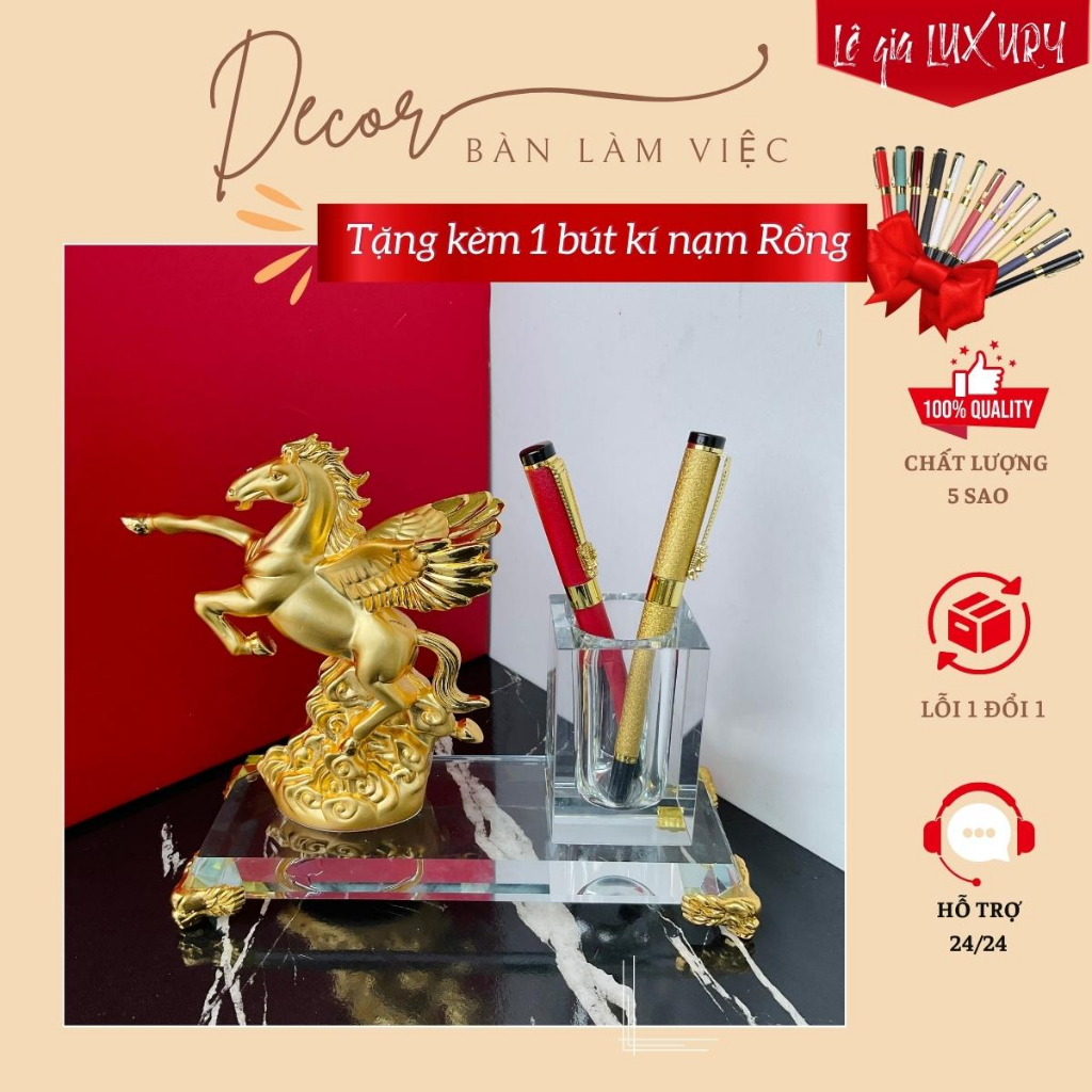 ( Quà tặng) Hộp bút doanh nhân Ngựa Thiên Thần, Hộp đựng bút doanh nhân, Chất liệu Đồng Mạ Vàng và Pha lê
