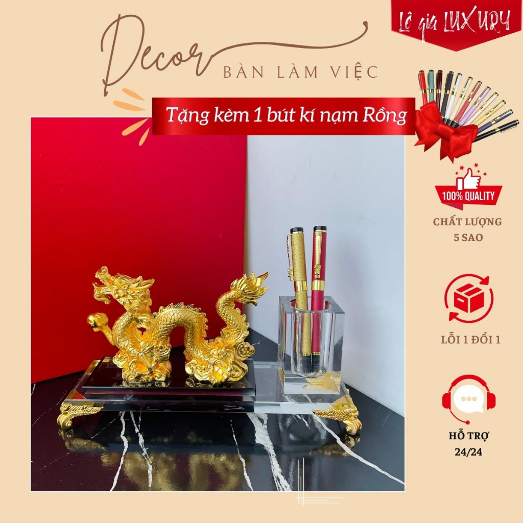 ( Freeship) Hộp bút doanh nhân Rồng Vàng nhả Ngọc, Chất liệu Đồng Mạ Vàng và Pha lê, Hộp đựng bút doanh nhân