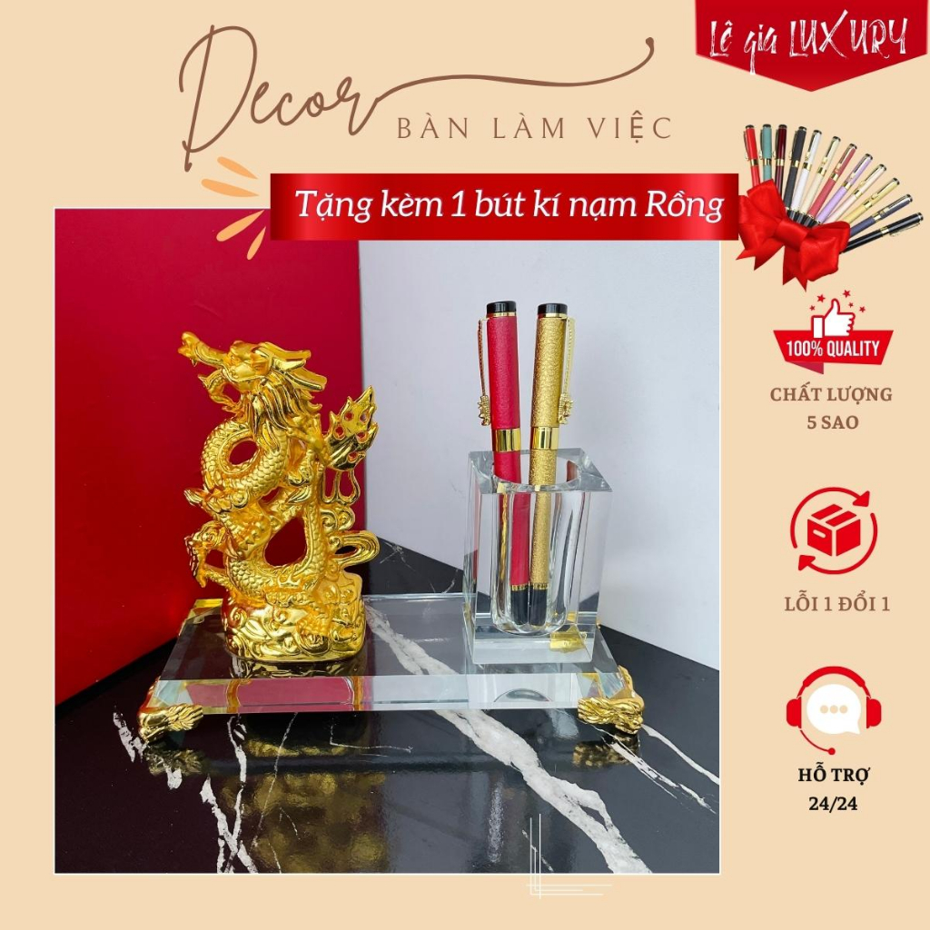 Hộp bút doanh nhân Rồng Vàng phong thủy, Chất liệu Đồng Mạ Vàng và Pha lê, Hộp đựng bút doanh nhân