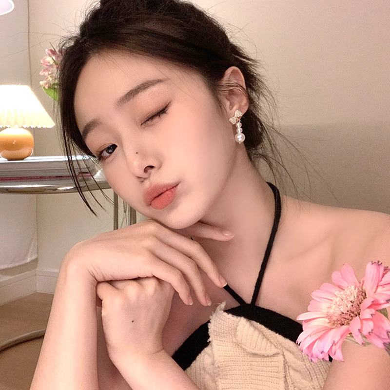 Bông tai/ Hoa tai 3 hạt có đính nơ