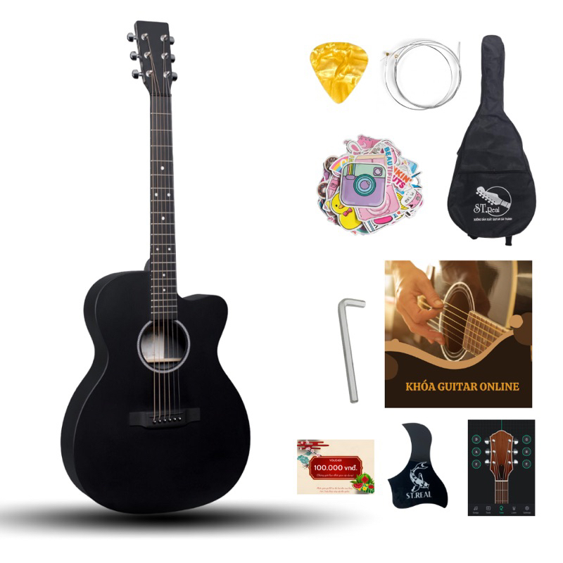 [MÃ giảm 40K]Đàn Guitar Acoustic Chính Hãng ST.Real Mã ST-X1 Có Ty Chỉnh Cần Chất Liệu Gỗ Nhập Khẩu Màu Đen