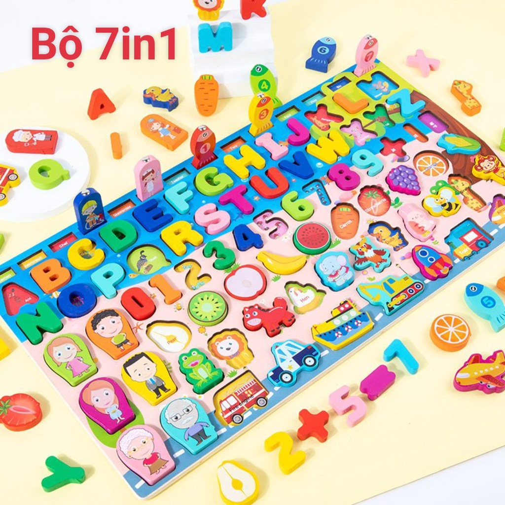Đồ chơi phát triển trí tuệ bằng gỗ 7in1, 5in1 Bảng học ghép hình, động vật, câu cá cho bé