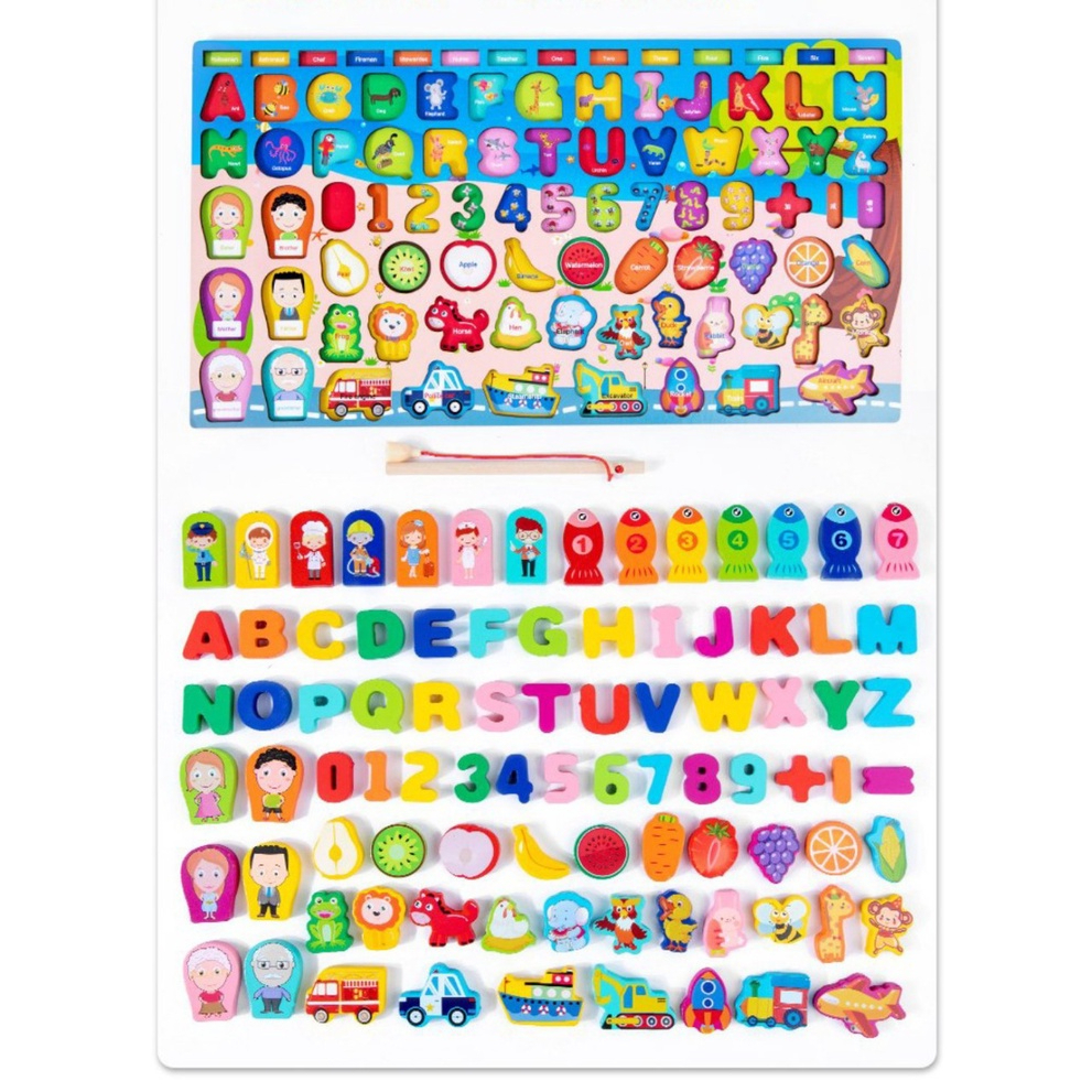 Đồ chơi phát triển trí tuệ bằng gỗ 7in1, 5in1 Bảng học ghép hình, động vật, câu cá cho bé