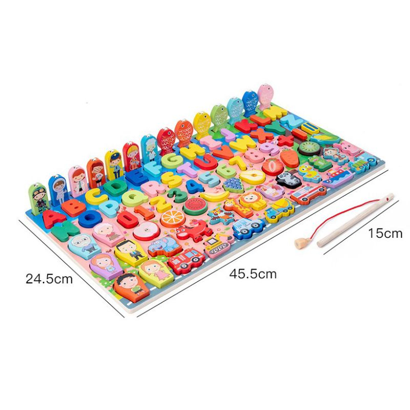 Đồ chơi phát triển trí tuệ bằng gỗ 7in1, 5in1 Bảng học ghép hình, động vật, câu cá cho bé
