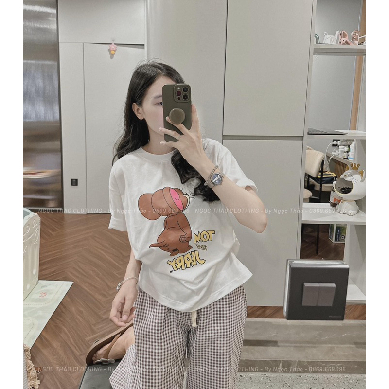 Sét bộ dài suông quần kẻ phối áo cotton mickey cưng xỉu