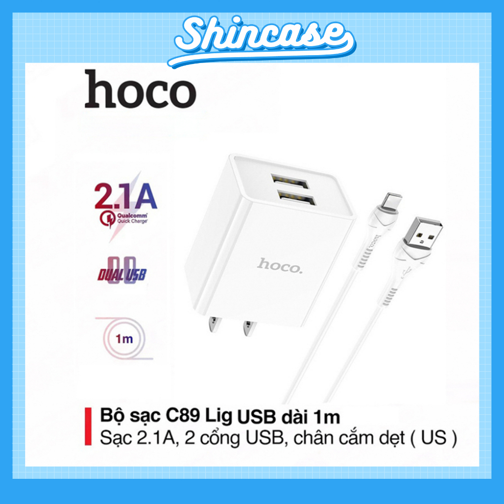 Hoco chính hãng - Sạc Hoco Cho IP C89 2.1A với 2 cổng USB gồm củ và dây cáp dài 1m - Shin Case