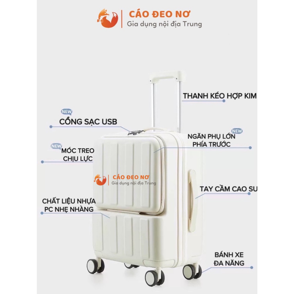 VALI LAMBASA CÓ NGĂN PHỤ, KHOÁ KÉO - Chân cắm USB size 20-26- CÁO ĐEO NƠ