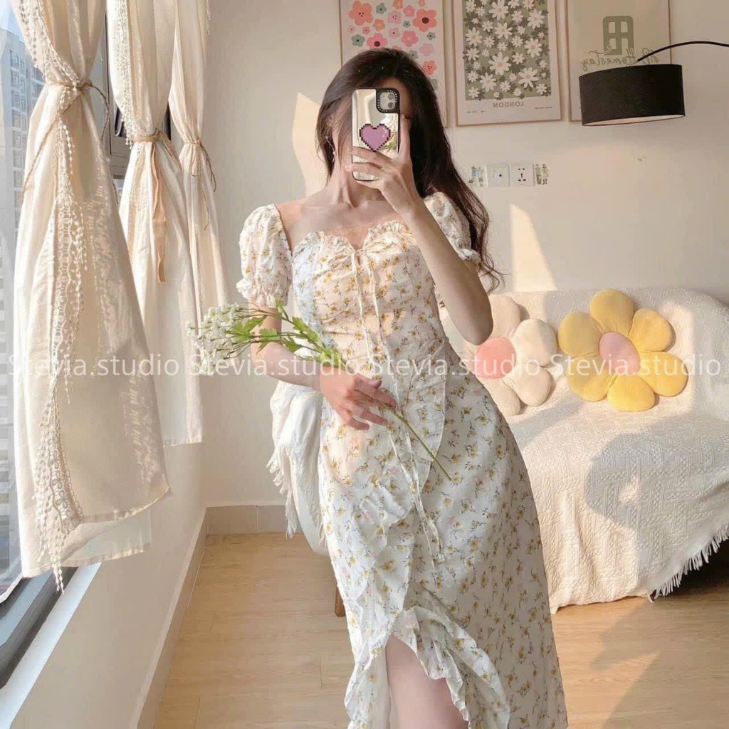 ĐẦM MIDI HOA VIỀN BÈO XẺ ĐÙI