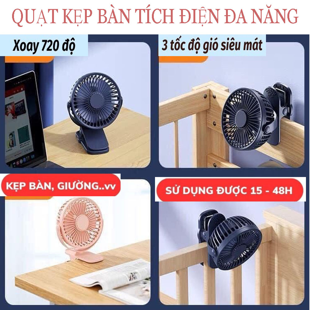 Quạt Kẹp Bàn Sạc Tích Điện 3 Tốc Độ Gió Sạc Pin Usb Tiện Dụng Xoay 720 Độ, Hoạt Động Êm Ái, Bảo Hành 12 Tháng