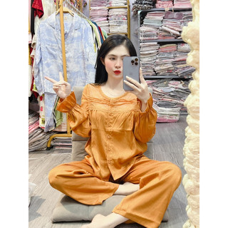 Bộ ngủ Cam ren vuông dài và ngắn tay,TK lụa xước ánh kim của 2CE
