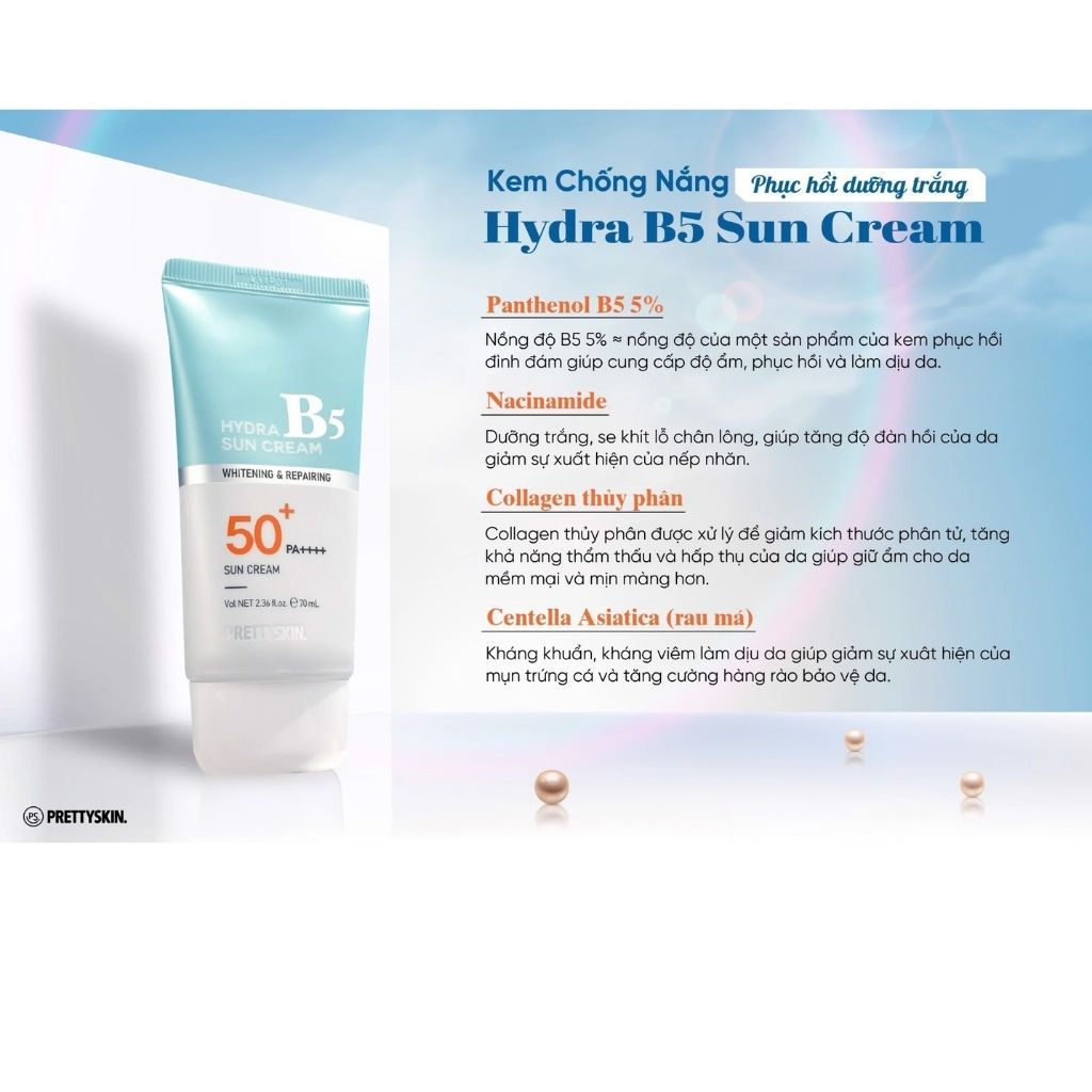 Kem Chống Nắng Phục Hồi Dưỡng Trắng B5 PRETY SKIN Hàn Quốc Hydra B5 SPF50+ PA+++ 70ML