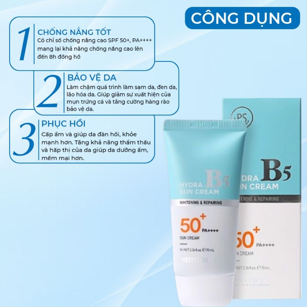 Kem Chống Nắng Phục Hồi Dưỡng Trắng B5 PRETY SKIN Hàn Quốc Hydra B5 SPF50+ PA+++ 70ML