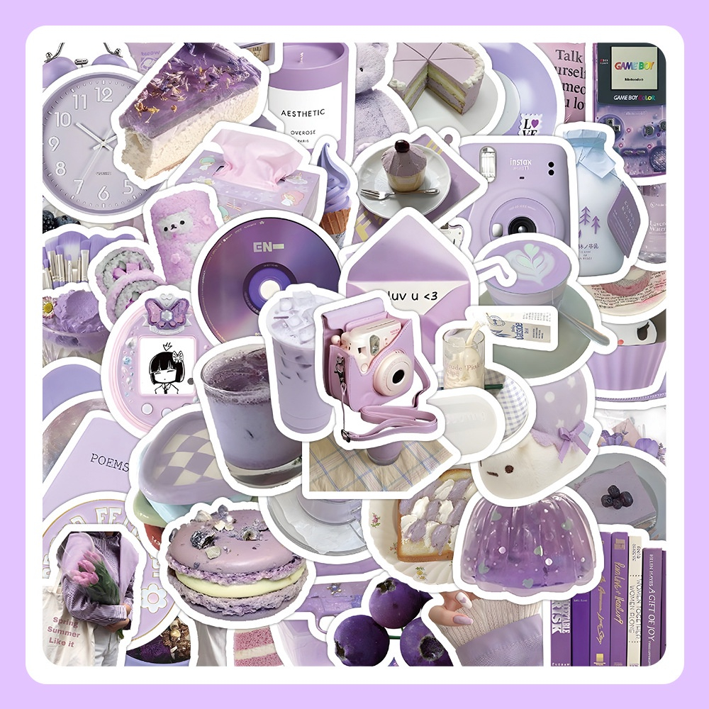 Set 50 chiếc sticker chống nước ĐỒ VẬT MÀU TÍM PASTEL MỘNG MƠ dán mũ bảo hiểm vali laptop xe máy đàn guitar bình nước