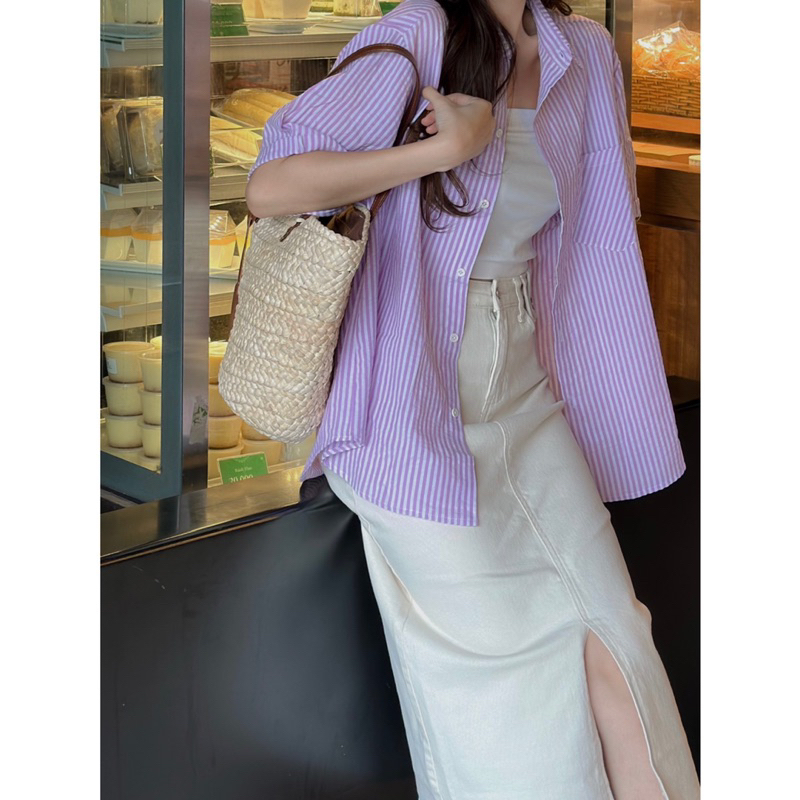 Áo Sơmi - 1 Túi - Tay Ngắn Lật - Thêu Chữ - Kẻ Dọc
