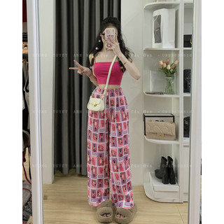 Set áo dây quần ống rộng dập ly hoạt hình