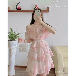 Đầm hoa thời trang nữ mặc đi chơi trễ vai có dây cột nơ ngực chất vải voan, váy bèo 3 tầng y hình