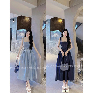 Đầm 2 dây nữ thời trang mặc đi chơi hot mocking thân chất vải jean dáng váy dài xoè