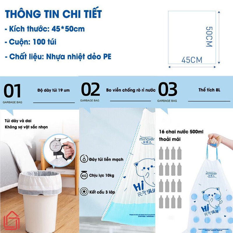 Combo cuộn 100 túi đựng rác Minaier có dây rút tự huỷ sinh học chịu nhiệt tiện lợi