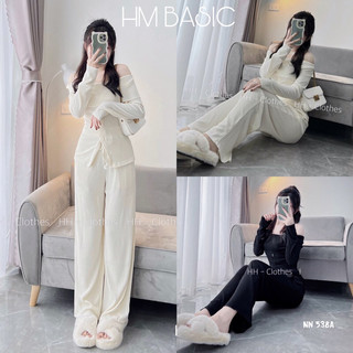 Sét áo len tăm trễ vai tay dài mix quần suông ống rộng free size