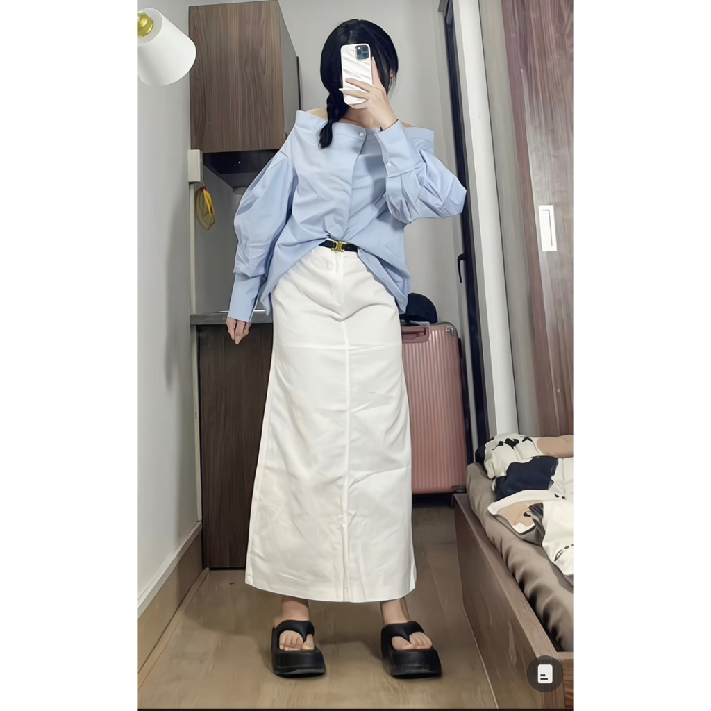 Chân váy nữ dáng dài đai lệch xẻ tà sau chất denim mềm mịn [BIGSIZE] - M627