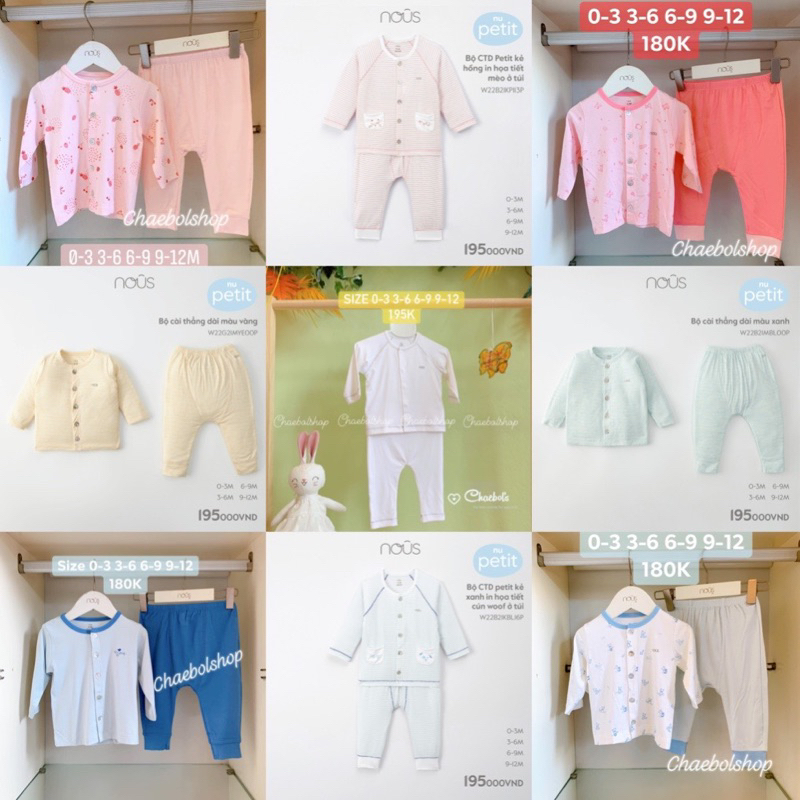 Bộ quần áo dài tay cài thẳng cho bé 0-12M Nous chất liệu petit các màu