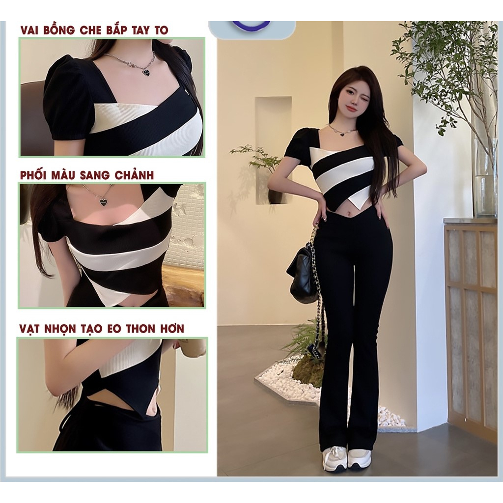 Áo croptop kiểu vạt nhọn cổ vuông vai bồng cộc tay nữ chất thun tăm áo, crt ôm body phối màu gợi cảm 01