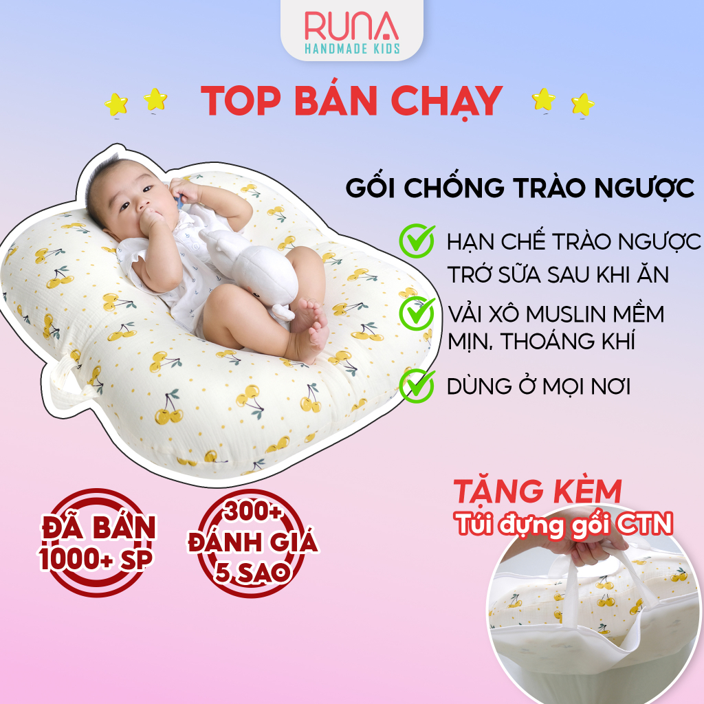 Gối chống trào ngược cho bé Runa Kids vải xô Muslin cao cấp thoáng khí thấm hút tốt an toàn cho bé