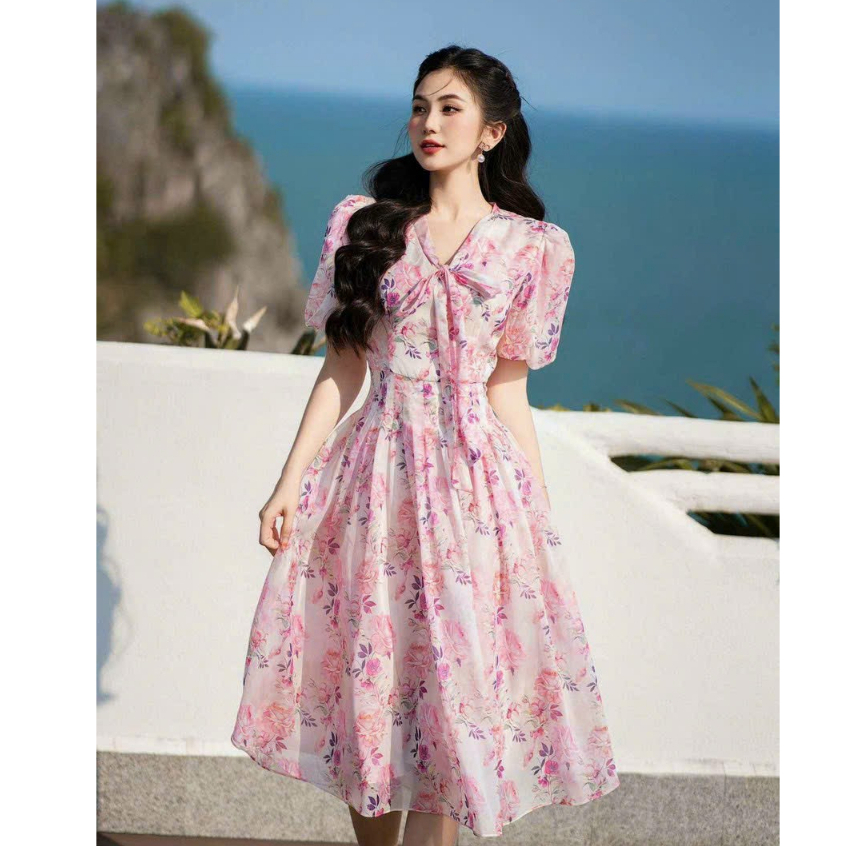 Đầm Xoè Công Chúa,Đầm Voan Hoa Thiết Kế Tay Bồng Cột Nơ Tiểu Thư Khoe Eo Tôn Dáng Dự Tiêc Dạo Phố Thời Trang Váy Nữ Minh