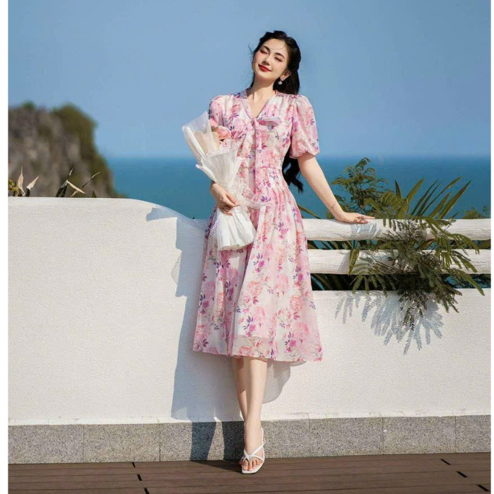 Đầm Xoè Công Chúa,Đầm Voan Hoa Thiết Kế Tay Bồng Cột Nơ Tiểu Thư Khoe Eo Tôn Dáng Dự Tiêc Dạo Phố Thời Trang Váy Nữ Minh