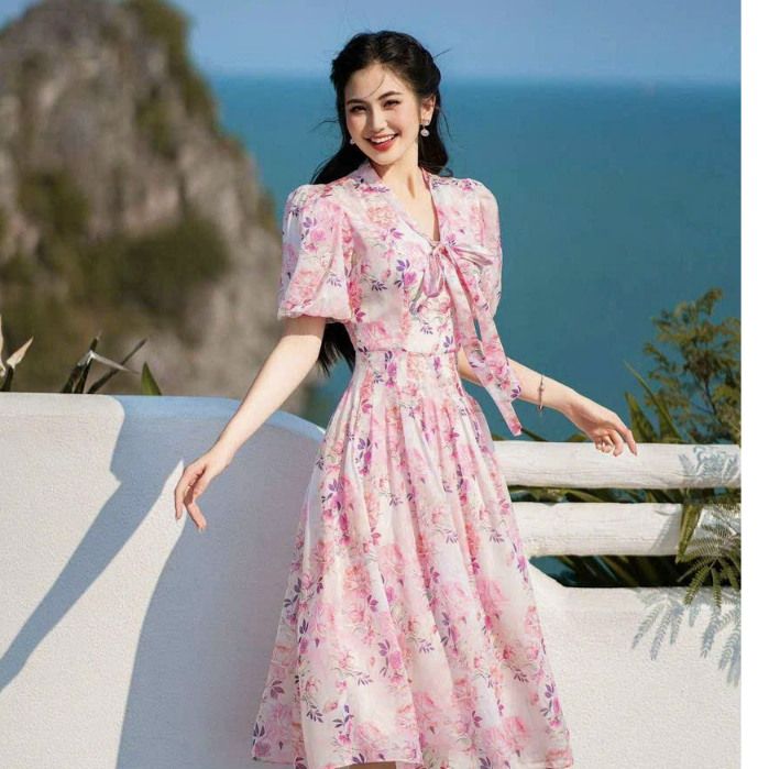 Đầm Xoè Công Chúa,Đầm Voan Hoa Thiết Kế Tay Bồng Cột Nơ Tiểu Thư Khoe Eo Tôn Dáng Dự Tiêc Dạo Phố Thời Trang Váy Nữ Minh
