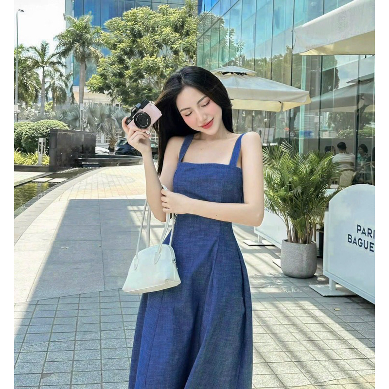 Đầm dạo phố hai dây chất jean BT242