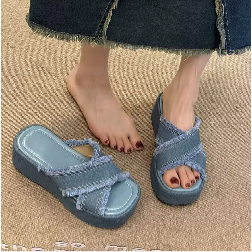 Dép lê đế dày denim nữ đi ngoài mùa hè năm 2023 mẫu mới
